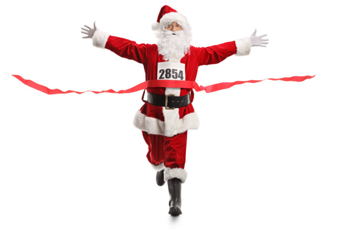 Santa Claus on the finish line of a race